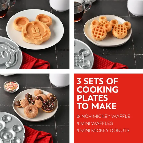 Vista 2 de Mickey Mouse Waffle and Donut Maker con 3 juegos de platos de cerámica antiadherentes extraíbles