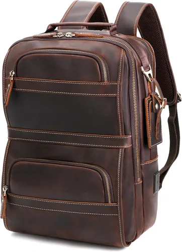 Vista 9 de LANNSYNE Full Grain Leather Backpack for Men, 16" Laptop Backpack with USB Charging Port, Business Travel Daypack