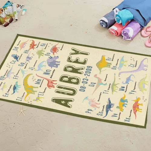 Vista 3 de Toalla de playa personalizada de dinosaurio para niños, bebés, niños y niñas con nombre de 30 x 56 pulgadas, toalla de baño con nombre personalizado