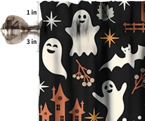 Vista 6 de Cortina de cenefa para fiesta de Halloween, diseño de dibujos animados, lindo fantasma, castillo sombrío, calabaza, murciélago, bolsillo para barra