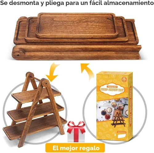 Vista 4 de Bandeja de madera para servir de 3 niveles, soporte para cupcakes de tres