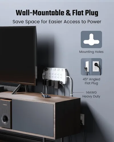 Vista 6 de Protector de sobretensiones de regleta de alimentación de 45 W con PD USB-C, SUPERDANNY 1875W/15A, 2100J, cable de extensión de montaje de enchufe