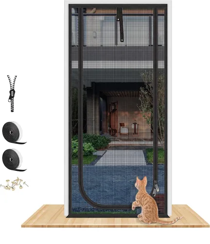 Vista 9 de Puerta mosquitera mejorada para mascotas, se adapta a puertas de 30 x 80 pulgadas, puerta de malla gruesa resistente a gatos para sala de estar