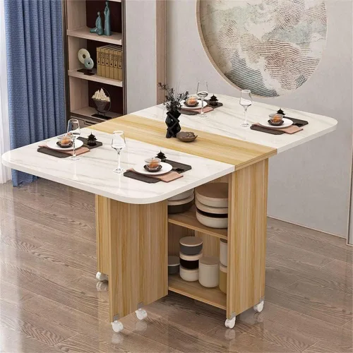 Vista 7 de LAKIQ Mesa de comedor plegable moderna con ruedas y estante de almacenamiento de 2 capas, mesa plegable de cocina rectangular con plomo para Beige