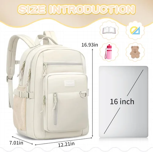 Vista 2 de PRAGARI Mochila para niños para la escuela, bonita mochila estética para niñas, mochila para estudiantes, bolsa de libros ligera de viaje para Beige