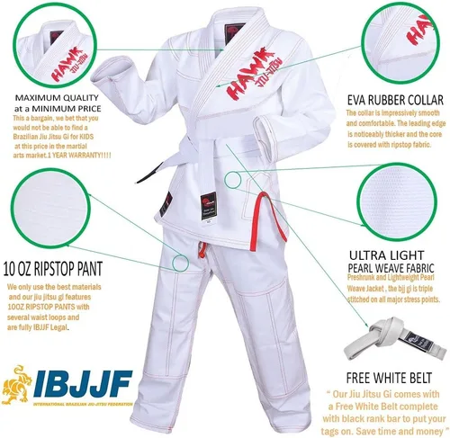 Vista 3 de Jiu Jitsu brasileño, para niños, Jiu Jitsu Gi Children BJJ Gi Grappling Kimonos, cinturón blanco ligero, Blanco