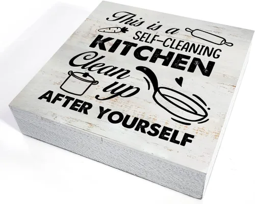 Vista 3 de Cartel rústico con texto en inglés «This is a Self-Cleaner» para caja de madera de cocina con texto en inglés «This is a Self-Cleaner»