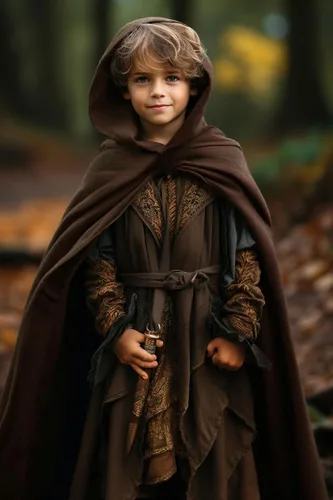 Vista 4 de Disfraz renacentista para niños y niños, capa medieval con capucha, para Halloween, guardabosques, mago, elfo, bata con capucha