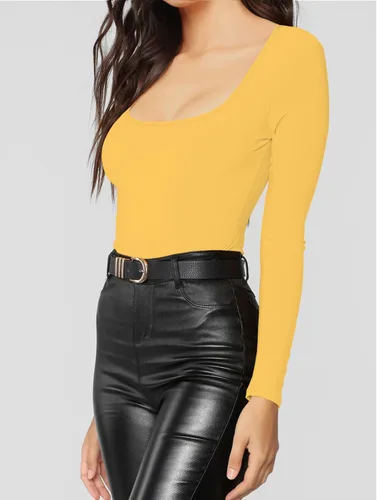 Vista 58 de MANGDIUP Body esencial para mujer, cuello redondo, manga larga, ajustado, elástico, de algodón y elastano
