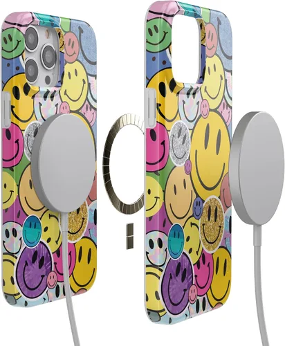 Vista 3 de Casely Funda para iPhone 14 Pro Max Todas las sonrisas Adhesivo de cara sonriente Compatible con MagSafe Diseño ultra delgado clásico