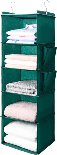 Vista 11 de BOOMIBOO Organizador de armario colgante y estantes, 5 estantes colgantes con 2 bolsillos laterales, almacenamiento plegable (beige)