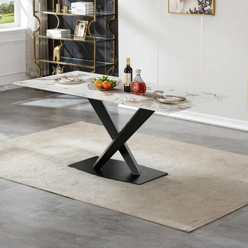 Vista 4 de Mesa de comedor moderna para mesas de cocina y comedor de mármol blanco de 70 pulgadas, mesa de comedor rectangular moderna con mesa de mármol