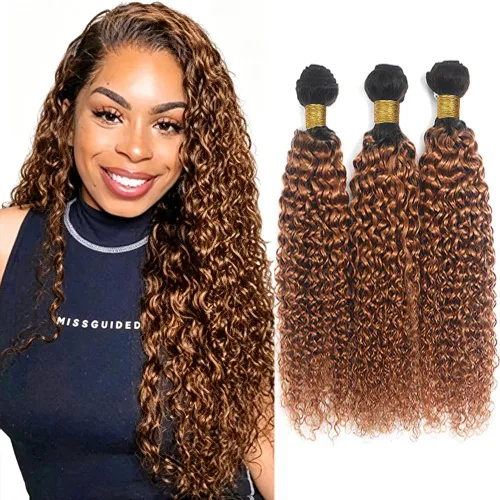 Vista 259 de P4613 Cabello humano rizado onda profunda marrón y paquetes mixtos 8 10 12 P4613 Ombre Marrón-Rubio-DP
