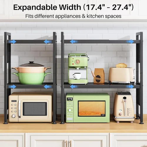 Vista 2 de Estante para horno de microondas expandible, estante de horno de microondas resistente de 3 niveles ajustable con 8 ganchos y 2 soportes, estante