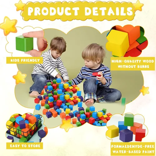 Vista 3 de Libima Juego de 100 bloques de construcción de madera de 1.2 pulgadas, juego de bloques de madera de arco iris, cubos cuadrados de madera coloridos