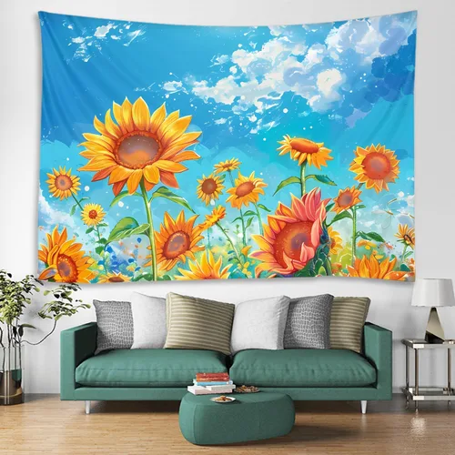 Vista 5 de WODEJIAFANG Tapiz estético de tela para pared, tapiz decorativo de girasol, fondo de oficina, divisor de habitación para dormitorio, jardín al aire