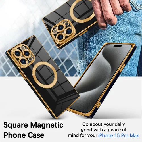 Vista 5 de OOK Funda magnética para iPhone 15 Pro Max [compatible con Magsafe] Protección completa de la cámara, borde chapado en oro, TPU suave, antiarañazos