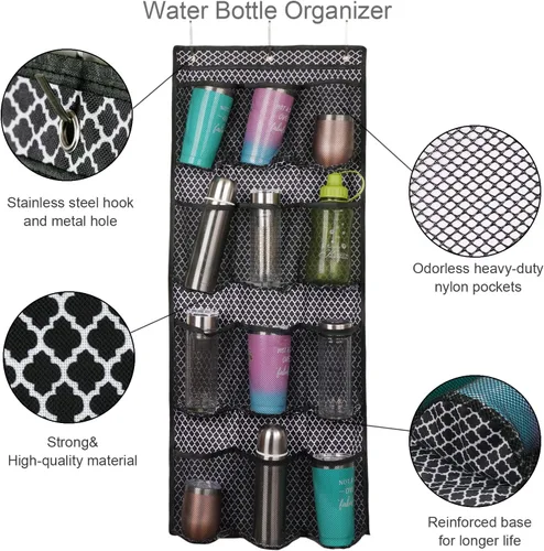 Vista 5 de Organizador de botellas de agua sobre la puerta con 12 bolsillos grandes y parte inferior reforzada, organizador de vasos de malla transparente