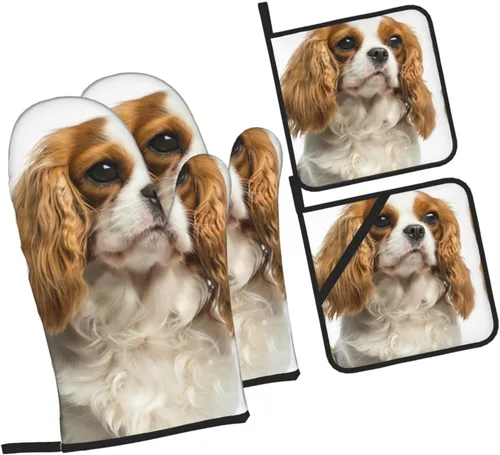 Vista 2 de Cavalier King Charles Spaniel - Juego de 4 manoplas para horno y ollas para perros, resistentes al calor, con capa interior de algodón