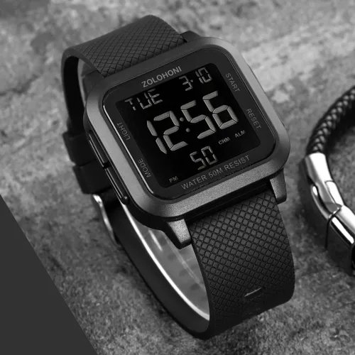 Vista 2 de Reloj digital zolohoni para hombre, relojes de acero inoxidable cuadrados, relojes de pulsera para hombre impermeables de cara grande con hora dual