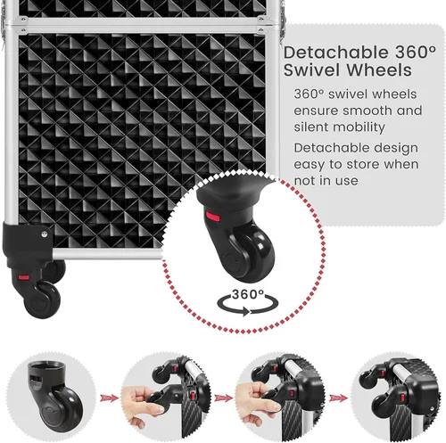 Vista 8 de Yaheetech Estuche de tren de maquillaje rodante 3 en 1, organizador de gran capacidad con ruedas giratorias, carrito cosmético para llaves para Negro