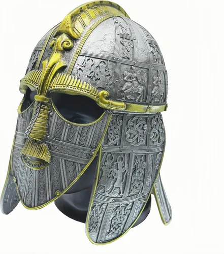 Vista 3 de Casco anglosajón de estilo vikingo para disfraz de látex inspirado en Sutton Hoo, cosplay medieval, ajustable para LARP