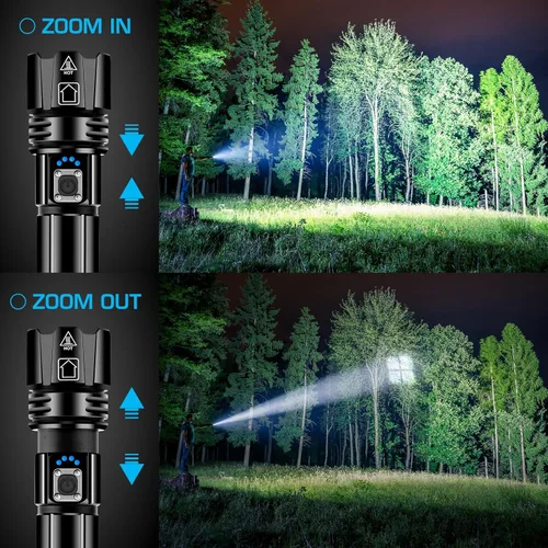 Vista 3 de ANKRA Linterna LED recargable de alto lumen, 10 modos de zoom, impermeable, banco de energía de salida USB, linterna táctica para camping