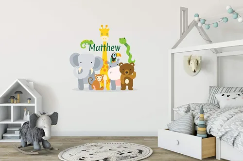 Vista 5 de Calcomanía de pared con nombre personalizado de animales de la selva, diseño de animales del zoológico de safari para bebé, calcomanía de pared