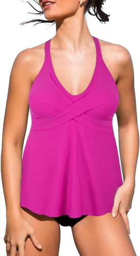 Vista 3 de Hilor Tankini para mujer, con cuello en V torcido, traje de baño con control de abdomen y vuelo