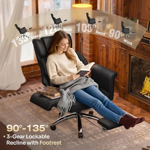 Vista 7 de Silla de oficina ergonómica con reposapiés, silla de escritorio con patas cruzadas con brazos abatibles, asiento de resorte más ancho y grueso