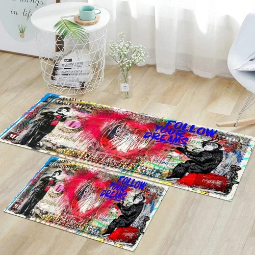 Vista 23 de GUBIYU Juego de 2 alfombras y tapetes de cocina color beige y dorado para billetes de 100 dólares, alfombra divertida y fresca para baño