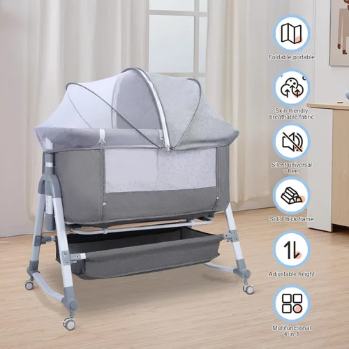 Vista 9 de 3 in 1 Bedside Sleeper Crib, Height Adjustable Co Sleeper, Movable Beside Bassinet with Curved Rocking Cradle, Lockable Wheels, Detachable Mosquito