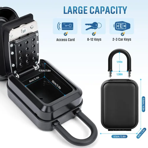 Vista 5 de Caja de bloqueo de llave portátil, resistente al agua para llaves con código, oculta una llave en el exterior, caja de bloqueo de combinación de 12