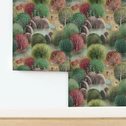 Vista 4 de Papel tapiz para despegar y pegar, bosque caprichoso, naturaleza, bosque, otoño, paisaje, árboles, animales, papel tapiz extraíble personalizado por