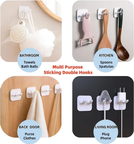 Vista 3 de Ganchos adhesivos, ganchos dobles impermeables que se pegan, gancho de pared sin daños, gancho de plástico blanco multiusos para afeitar, toalla