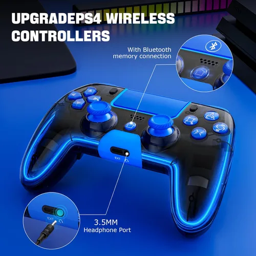 Vista 5 de BRHE Wireless PS4 Controller with Hall 3D JoysticksRGB LED LightsProgramming Funtion,PS4 Controller Remote Joystick Gamepad,Game Controller for