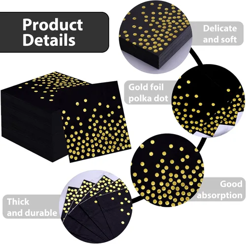 Vista 3 de 100 servilletas de cóctel desechables negras – Servilletas de papel negro y dorado para cumpleaños, boda, aniversario, Año Nuevo, fiesta