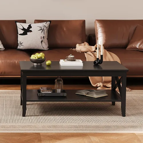Vista 10 de Mesa de centro ChooChoo Oxford con patas más gruesas, mesa de centro de madera negra con almacenamiento para la sala de estar