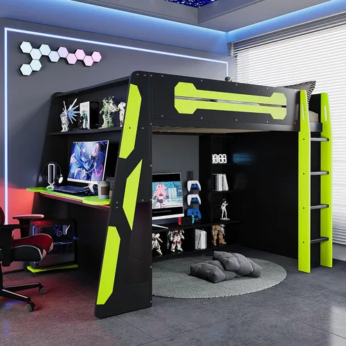 Vista 11 de Cama loft para juegos, cama alta de madera tamaño matrimonial con escritorio, estantes de almacenamiento múltiple y LED, azul nube