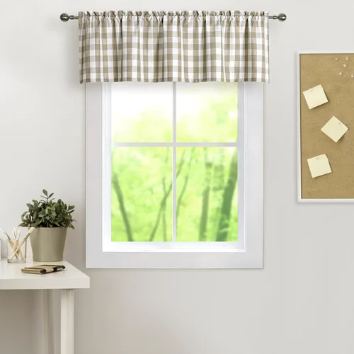 Vista 9 de Amzdecor Cortina de lino con cenefa a cuadros blancos y negros, con bolsillo para barra, rústica, para cocina, sala de estar, dormitorio, 1 panel