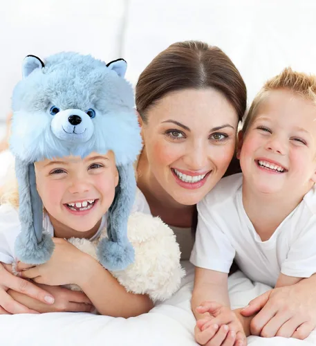Vista 9 de DolliBu - Sombrero de peluche gris Husky Sombrero súper suave y cálido con orejeras, divertido sombrero loco de fiesta de felpa, sombrero