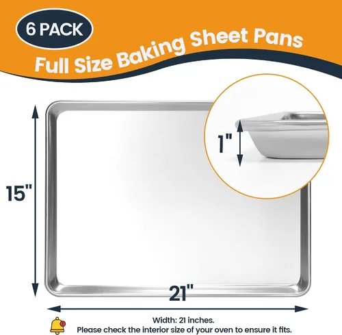 Vista 5 de Paquete de 6 bandejas para hornear de gran tamaño, bandeja de aluminio comercial para galletas, duradera y antiadherente, 15 x 21 pulgadas