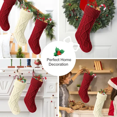 Vista 5 de Hommtina Medias de Navidad, medias de Navidad personalizadas de 18 pulgadas, de gran tamaño, punto trenzado, regalos (4 unidades, blanco y rojo)