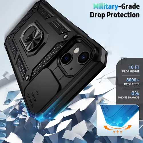 Vista 5 de Funda para iPhone 14 con cubierta para lente de cámara, protector de pantalla HD, protección contra caídas de grado militar de 10 pies, soporte