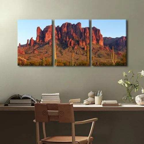 Vista 2 de TFIAVSIN Arte de pared de puesta de sol, imágenes de paisajes de Arizona, superstición, pinturas de montañas, 3 piezas, lienzo impreso, obra de arte