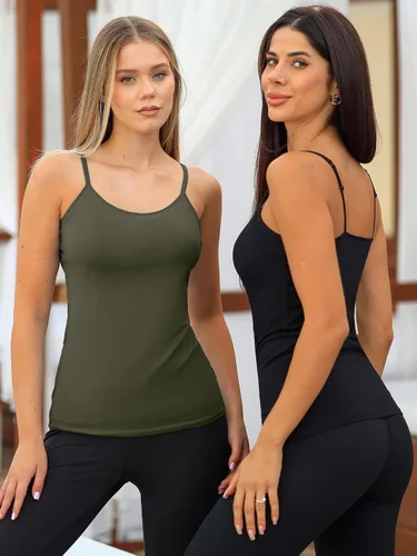 Vista 2 de ATTRACO Camisola de algodón con brasier de estante para mujer con tirantes de espagueti sin mangas #1 verde militar/negro