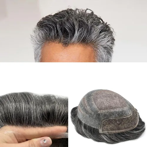 Vista 19 de Sistema de reemplazo de cabello humano para hombre, sistema de cabello fino mono para hombre, pelo de tupé recubierto de poliuretano para hombres