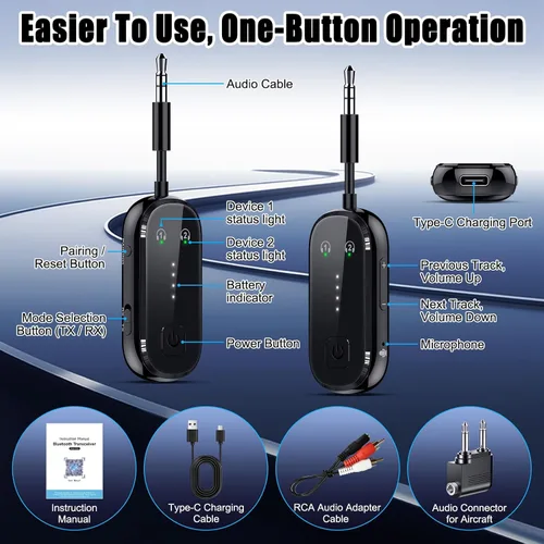 Vista 9 de Receptor transmisor Bluetooth 6.0 actualizado 2026 Pro - Adaptador 2 en 1 Negro