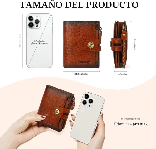 Vista 4 de Billetera para mujeres, billetera de cuero plegable de dos pliegues para mujeres con bloqueo RFID, compacta, tarjetero pequeño con ventana
