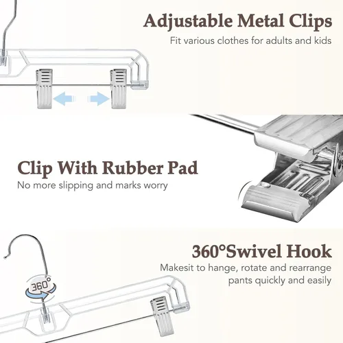 Vista 3 de HOUSE DAY Perchas para faldas transparentes con clips, percha antideslizante de plástico para pantalones con 2 clips ajustables, percha con clip